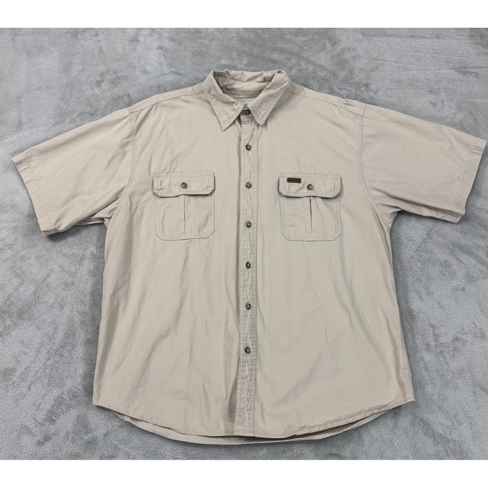 Carhartt Shirt Mens XL Khaki Button Up Short Sleeve Canvas Pockets Workwear S110